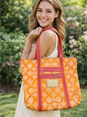 NOT FOR SALE ❌Coach Poppy 2009 Op Art Glam Tote Shoulder Bag Persimmon Fuchsia